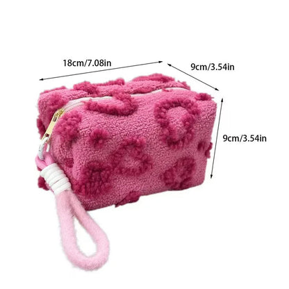 Plush Makeup Bags with Handle Soft Travel Cosmetic Storage Bag Portable Love Print Organizer Pencil Case Cute Clutch Pouch